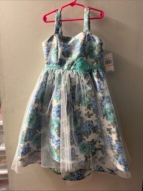 Speechless Girls Floral Tulle Dress in Aqua, Blue & White
